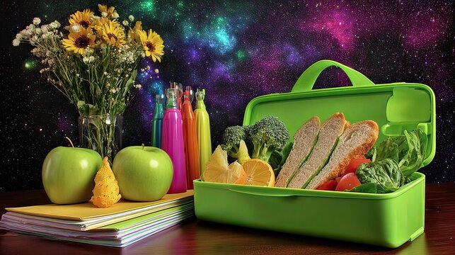 Healthy school lunchbox, cosmic background, classroom