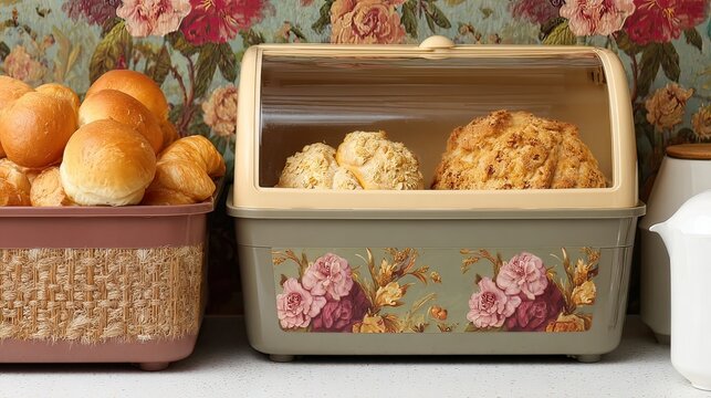 Floral-print breadbox storing pastries, kitchen counter