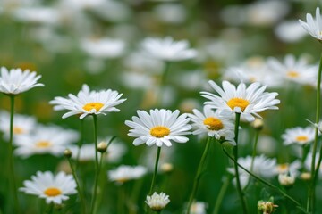 Vertical image of white daisies against a green backdrop featuring a blurred background optimized for mobile