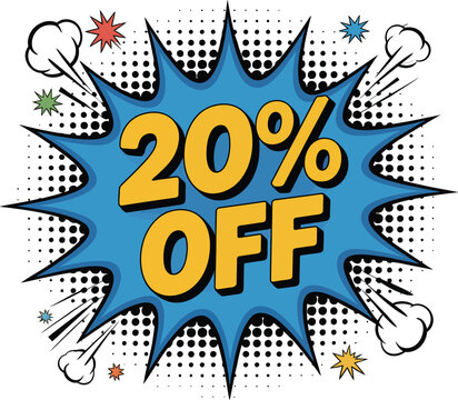 Explosive comic book style 20 percent off sale announcement