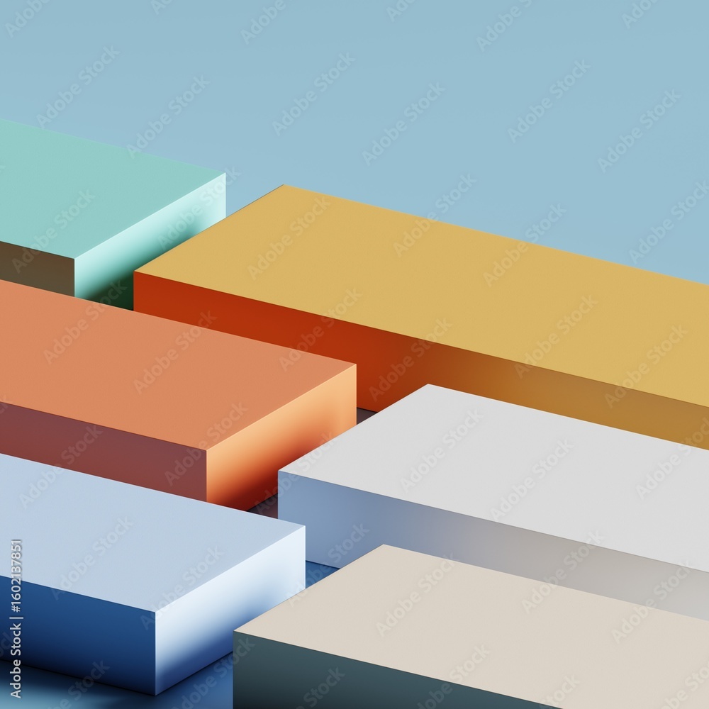 Poster abstract geometric minimalist product display platforms with pastel color blocks. 3d rendering