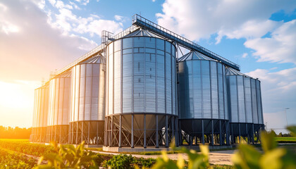 Grain silos sunset agriculture field.