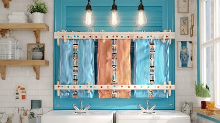 Coastal kitchen towels drying on rack, sunlit