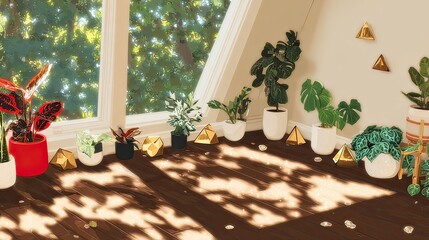 Sunlit attic room, plants, geometric decor, window view, home decor
