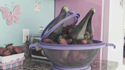 Kitchen counter strawberries zucchini harvest home