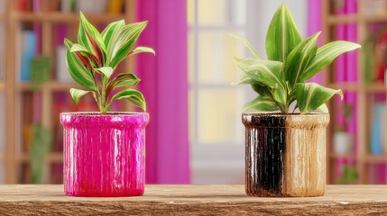 Indoor plants, colorful pots, bookshelf background, home decor