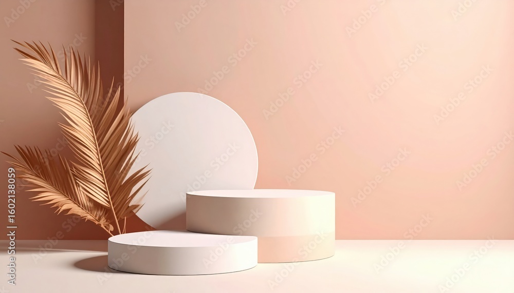 Poster elegant display setup featuring circular stands and decorative palm leaf in minimalist studio enviro
