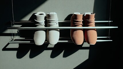 Modern shoes on rack, sunlit wall, minimalist interior, footwear display