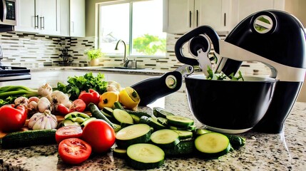 KitchenAid food processor chopping veggies, modern kitchen background