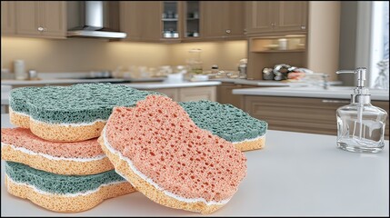Colorful kitchen sponges on counter, modern kitchen background, cleaning supplies