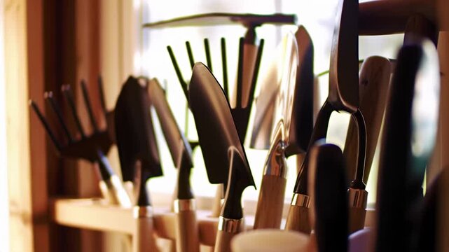 Various garden tools in storage rack with wooden handles in soft sunlight