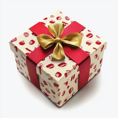 Gift box with red ribbon and gold bow on white background