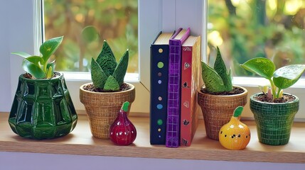 Windowsill plants, books, and ornaments, autumnal background, home decor