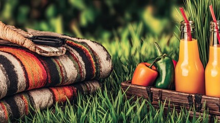 Outdoor picnic blanket, juice, peppers, grass, summer