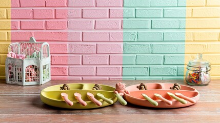 Colorful divided baby plates with spoons, pastel background, studio shot, food advertising