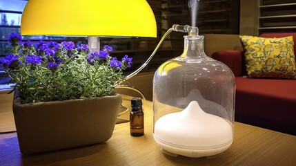 Aroma diffuser steaming lavender, living room, relaxation