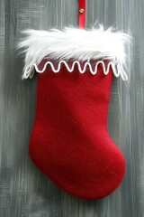 Red Christmas stocking with white fur trim hanging on gray wood