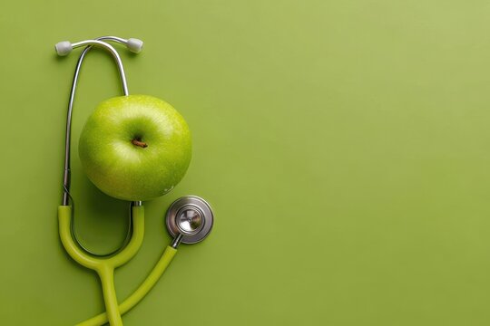 Green apple and stethoscope on duotone backdrop symbolizing the adage about health