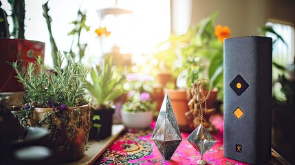 Modern speaker among plants, sunlit window, home decor