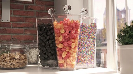 Colorful cereal dispenser kitchen window display