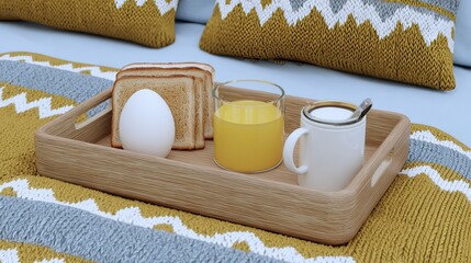Cozy bedroom breakfast tray toast, egg, juice, coffee
