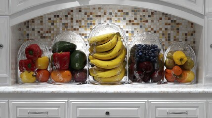 Kitchen fruit display, glass covers, mosaic backsplash