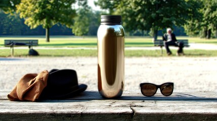 Park bench, thermos, sunglasses, hat, relaxing