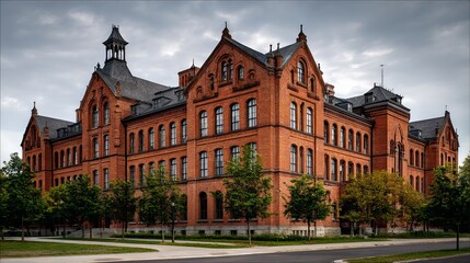 Historic Brick School Building with Classic Architecture and Large Windows in Educational Campus Setting