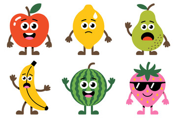 Fruit Characters with Expressions: A delightful collection of animated fruits, each bursting with unique expressions, ready to bring joy and whimsy to any creative project.