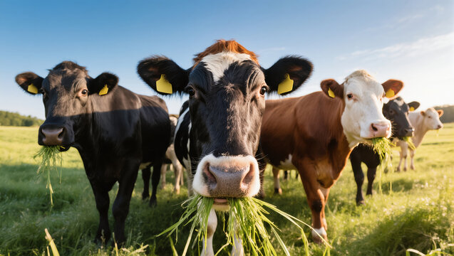 Group of cows eating fresh green grass on a sunny pasture under a blue sky. Close-up view of curious grazing cattle.