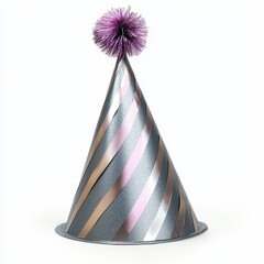 Gray and Pink Striped Party Hat with Purple Pom-Pom