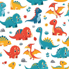 Adobe Illustrator artwork seamless pattern of cute cartoon dinosaurs including Triceratops, Pterodactyl, and long-necked varieties, with flowers and leaves. Ideal for children's products