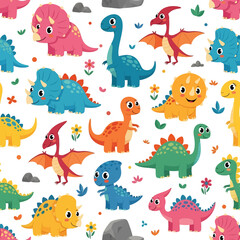 Adobe Illustrator artwork seamless pattern of cute cartoon dinosaurs including Triceratops, Pterodactyl, and long-necked varieties, with flowers and leaves. Ideal for children's products