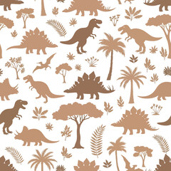 Adobe Illustrator artwork seamless pattern of dinosaur silhouettes including T-Rex, Stegosaurus, and Pterodactyl, with prehistoric trees and plants. Ideal for fabric and decor