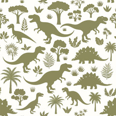 Adobe Illustrator artwork seamless pattern of dinosaur silhouettes including T-Rex, Stegosaurus, and Pterodactyl, with prehistoric trees and plants. Ideal for fabric and decor