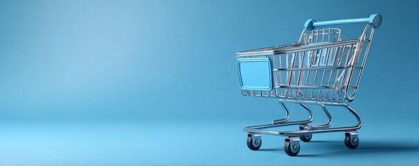 Blue Shopping Cart Retail Concept on Sky Blue Background, Shopping, Ecommerce