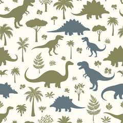 Adobe Illustrator artwork seamless pattern of dinosaur silhouettes including T-Rex, Stegosaurus, and Pterodactyl, with prehistoric trees and plants. Ideal for fabric and decor