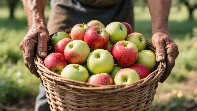 Farmer holding wicker basket full of freshly harvested red and green apples with water drops on a sunny orchard background