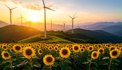 Sunset with sunflowers, wind farm, and hills.