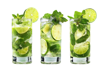 Refreshing summer mojito cocktail with fresh lime slices, mint leaves, and sparkling soda water, high-resolution transparent PNG cutout ideal for tropical drink branding, cocktail menu designs