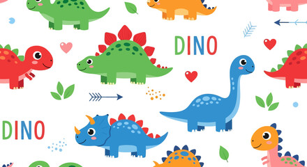 Adobe Illustrator artwork seamless pattern of cute cartoon dinosaurs like Stegosaurus and Brachiosaurus, with 