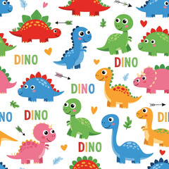 Adobe Illustrator artwork seamless pattern of cute cartoon dinosaurs like Stegosaurus and Brachiosaurus, with "DINO" text, hearts, and arrows. Ideal for children's textiles and decor