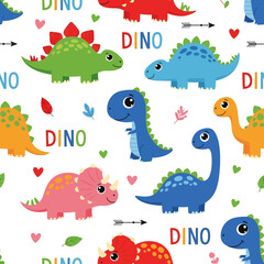 Adobe Illustrator artwork seamless pattern of cute cartoon dinosaurs like Stegosaurus and Brachiosaurus, with 