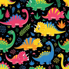Adobe Illustrator artwork seamless pattern of colorful cartoon dinosaurs, including Triceratops and Brachiosaurus, with tropical leaves. Perfect for fabric, kids' designs, and apparel