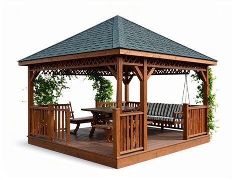 Beautiful wooden gazebo with seating and table