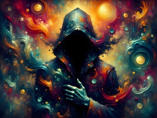 Abstract Enigma: A Colorful, Hooded Figure in a Swirling Universe