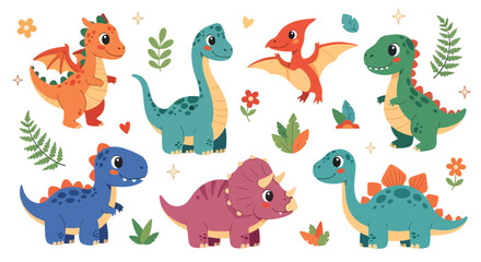Adobe Illustrator artwork of a set of cute cartoon dinosaurs including a Pterodactyl, Triceratops, Brachiosaurus, and others, with eggs and bones. Perfect for children's designs © meeblues