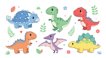 Adobe Illustrator artwork of a set of cute cartoon dinosaurs including a Pterodactyl, Triceratops, Brachiosaurus, and others, with eggs and bones. Perfect for children's designs © meeblues