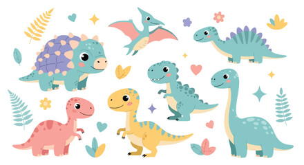 Adobe Illustrator artwork of a set of cute cartoon dinosaurs including a Pterodactyl, Triceratops, Brachiosaurus, and others, with eggs and bones. Perfect for children's designs