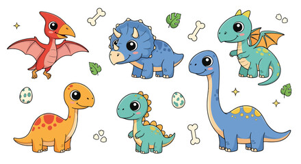 Adobe Illustrator artwork of a set of cute cartoon dinosaurs including a Pterodactyl, Triceratops, Brachiosaurus, and others, with eggs and bones. Perfect for children's designs © meeblues